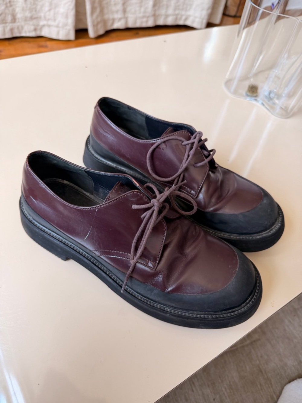 Celine Burgundy and Black Leather Lace-Up Flats